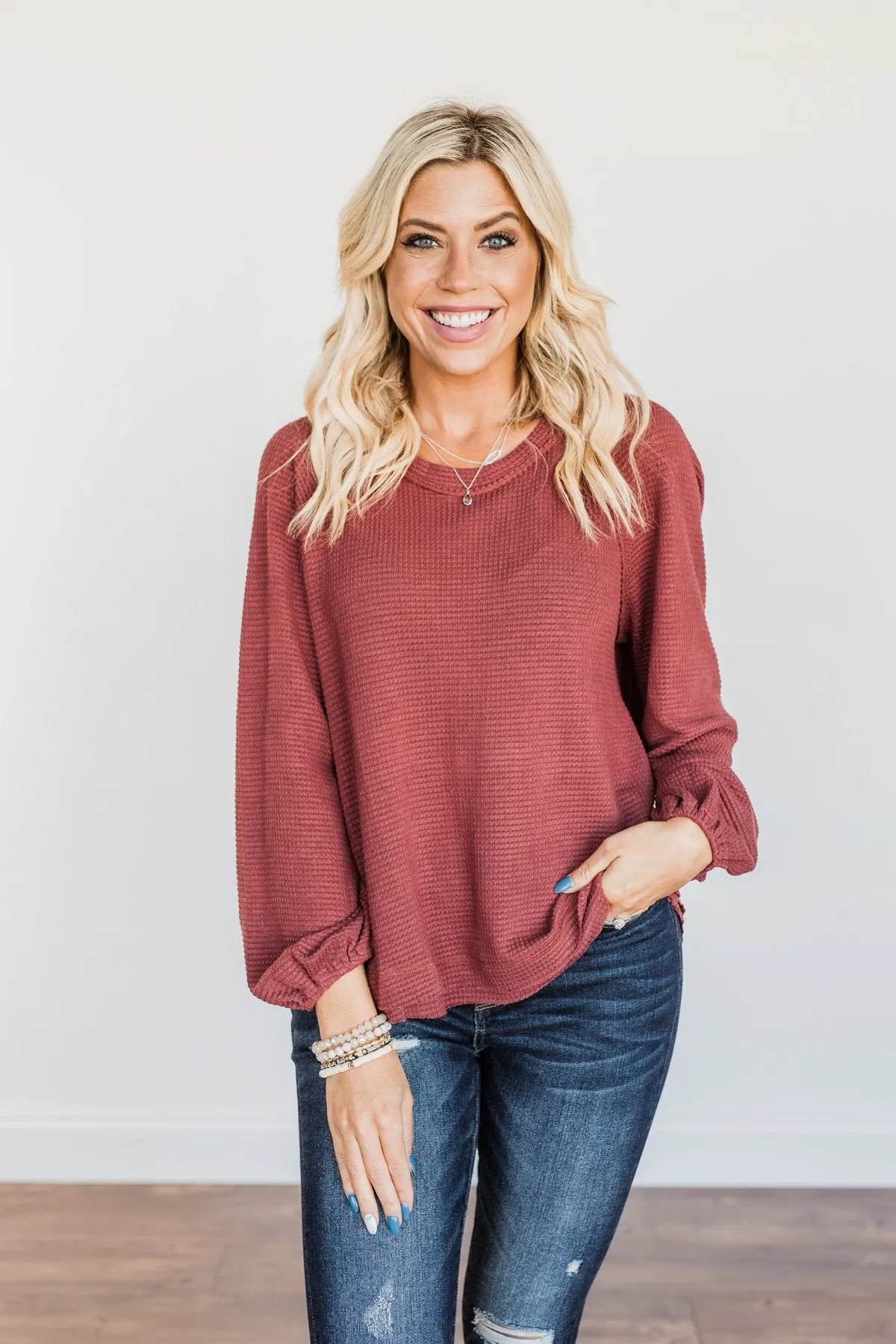 Out Of The Woods Waffle Knit Long Sleeve Top- Burgundy