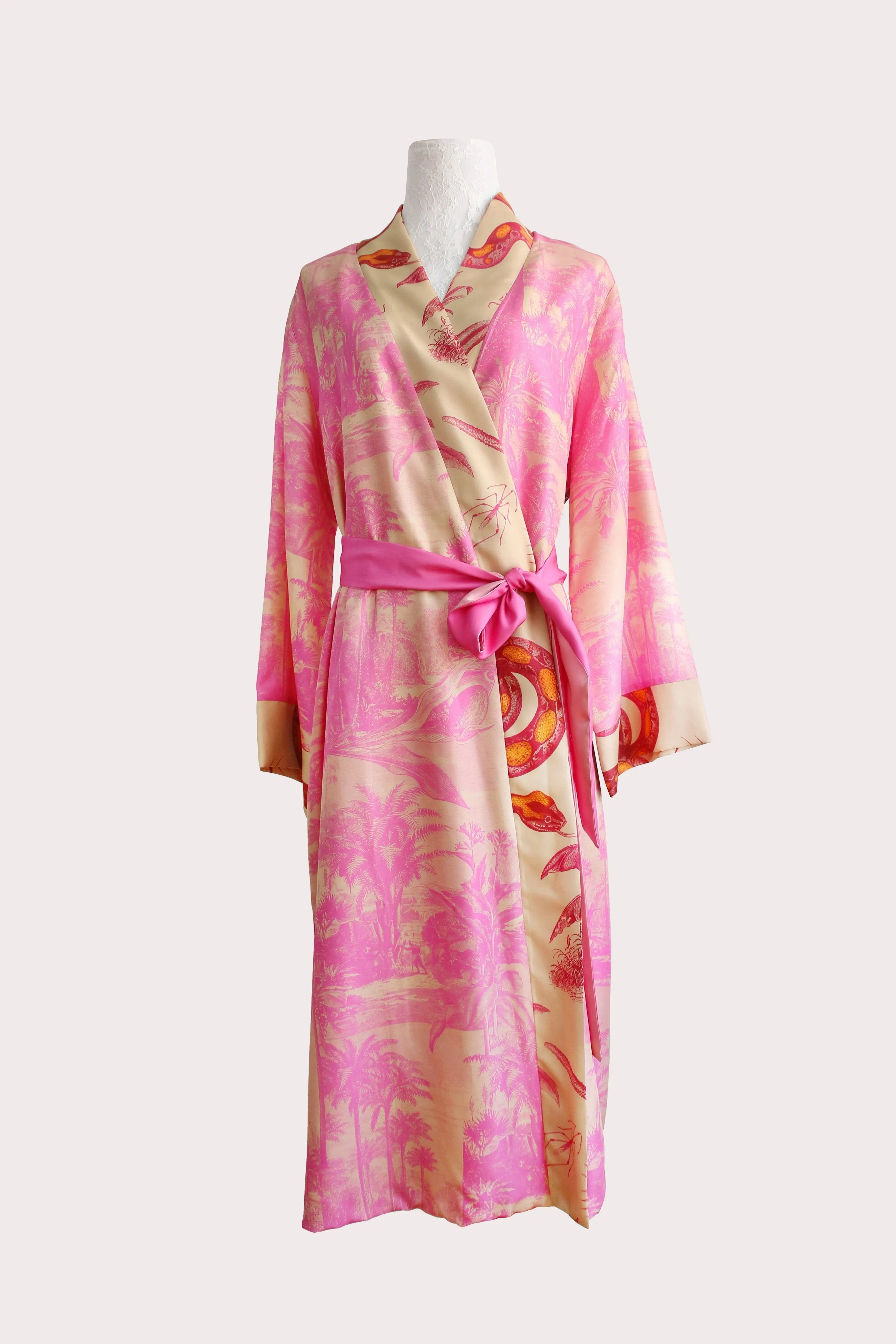 Pink Forest twill silk long kimono