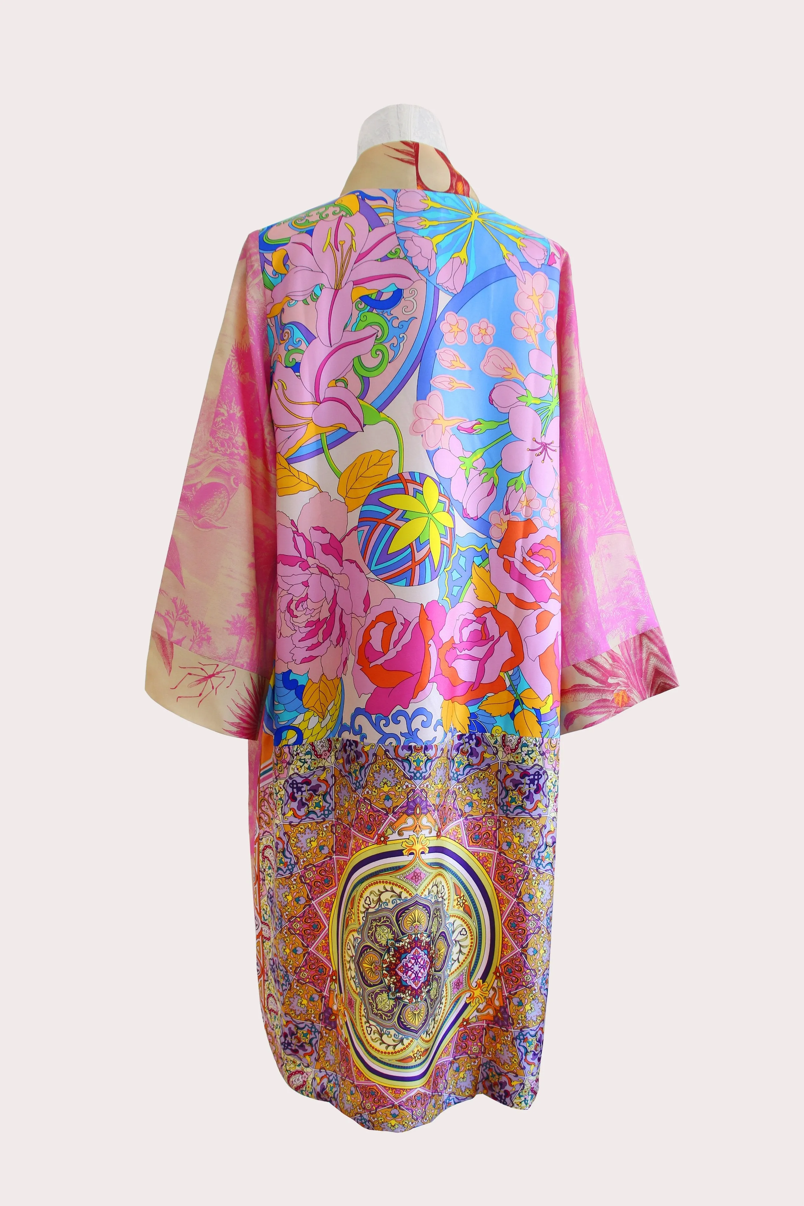 Pink Forest twill silk long kimono