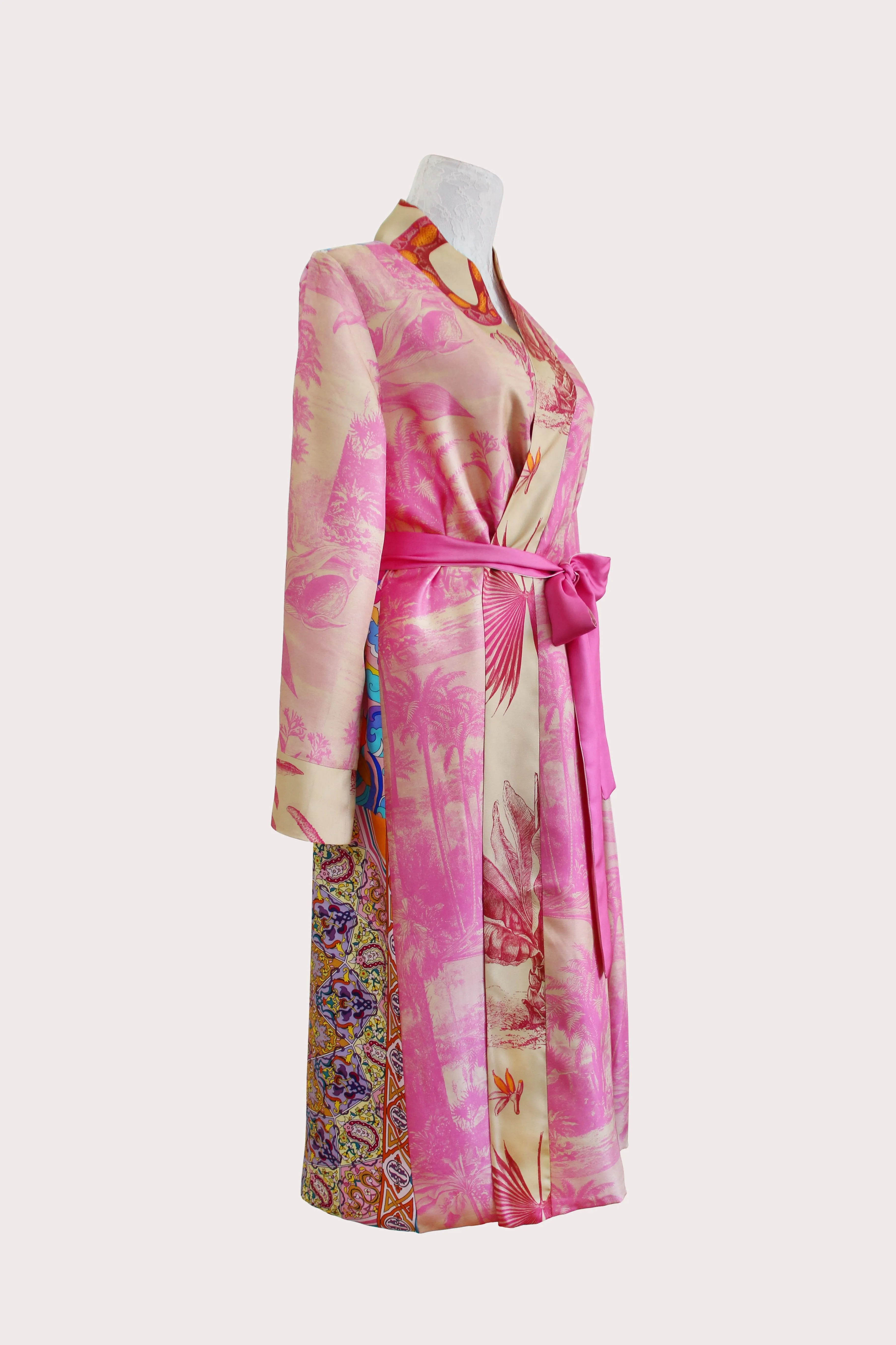 Pink Forest twill silk long kimono