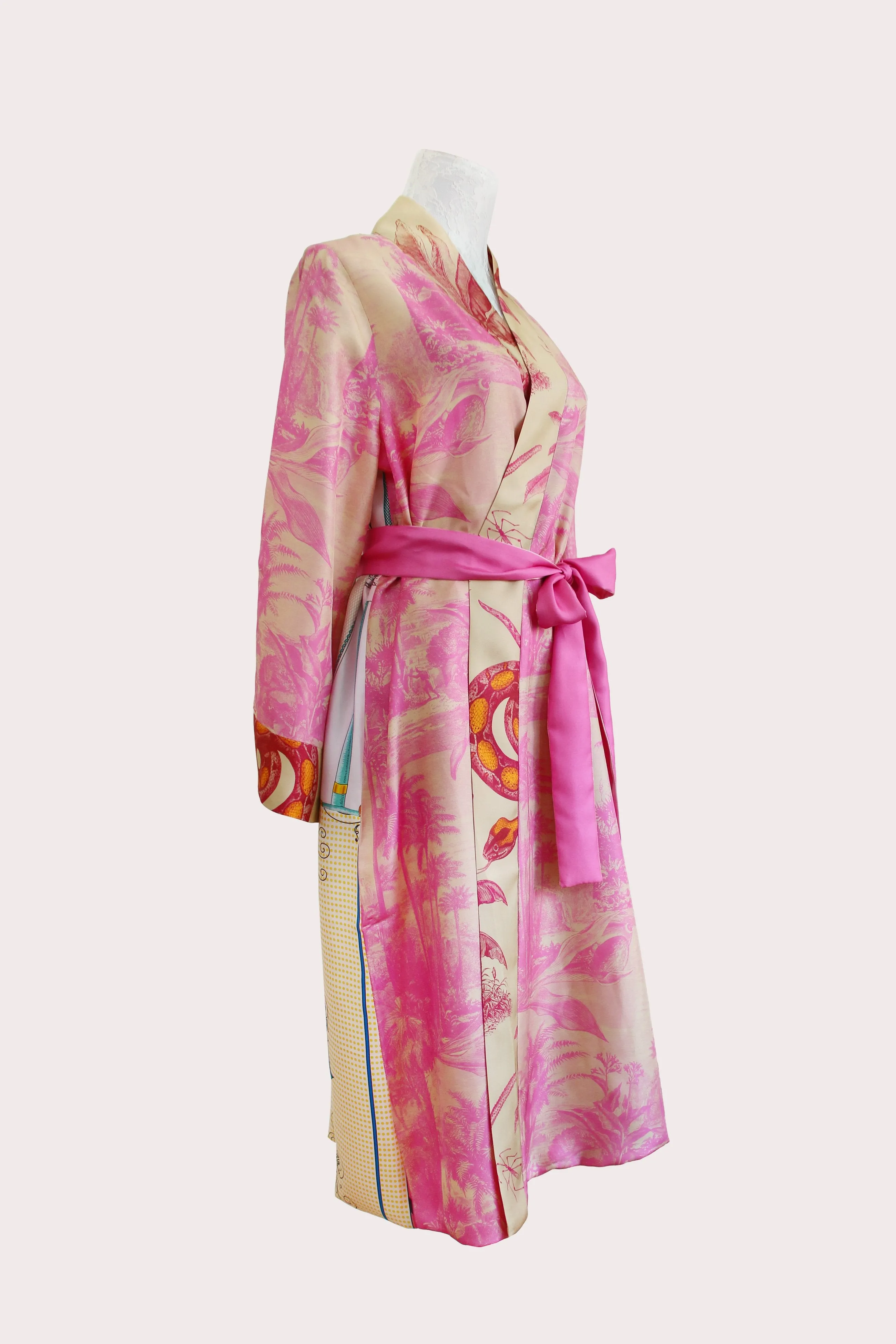 Pink Forest twill silk long kimono