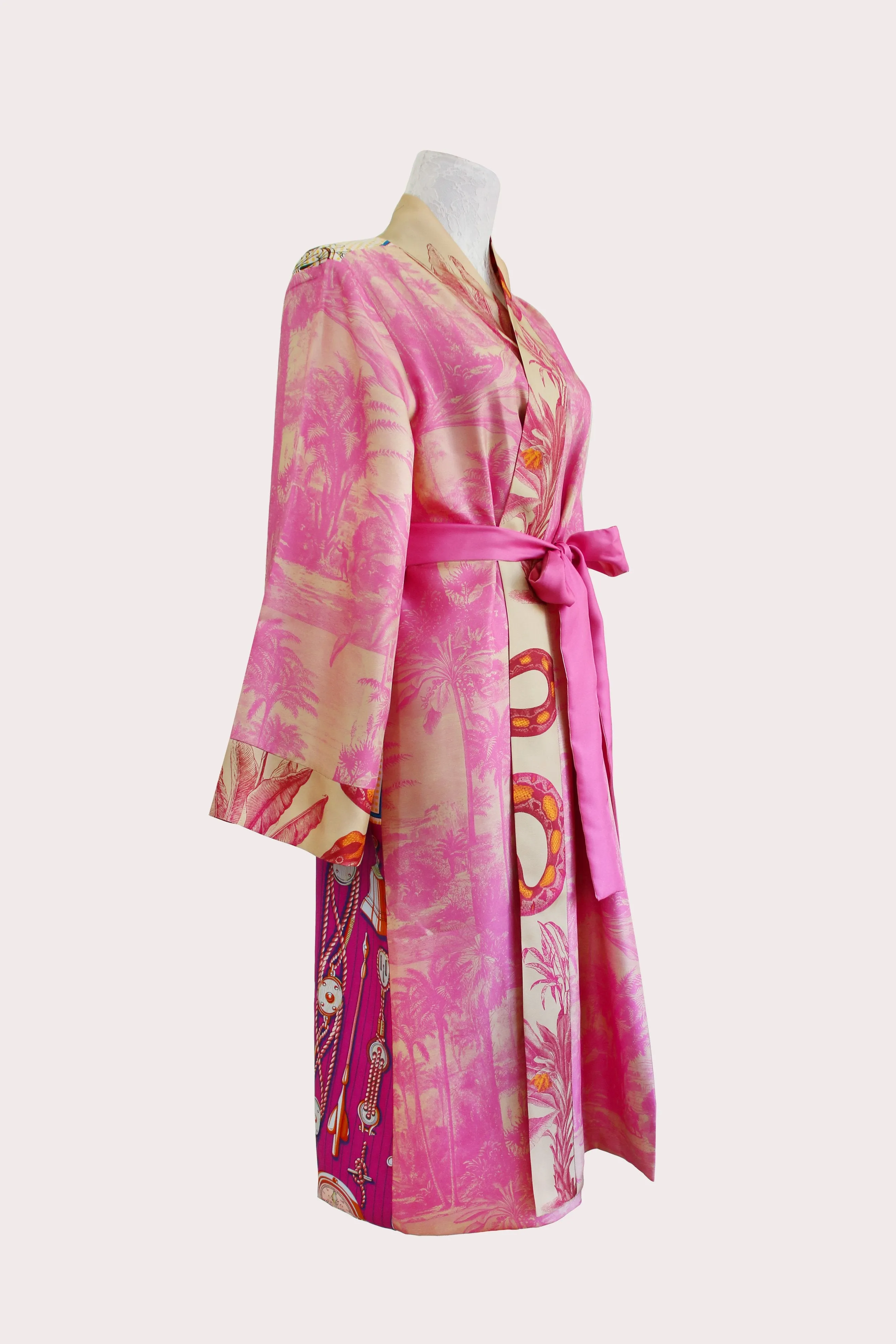 Pink Forest twill silk long kimono