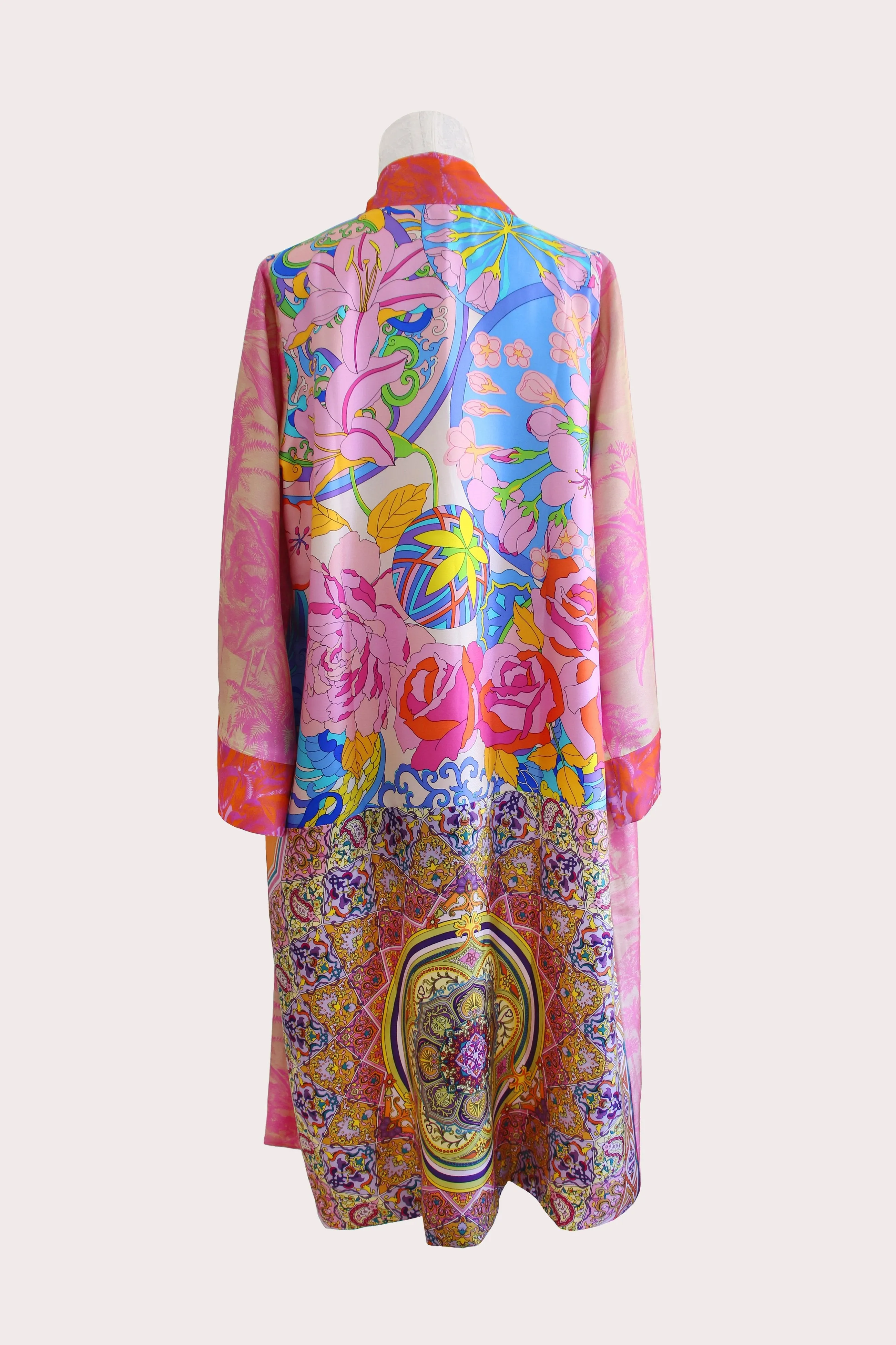 Pink Forest twill silk long kimono