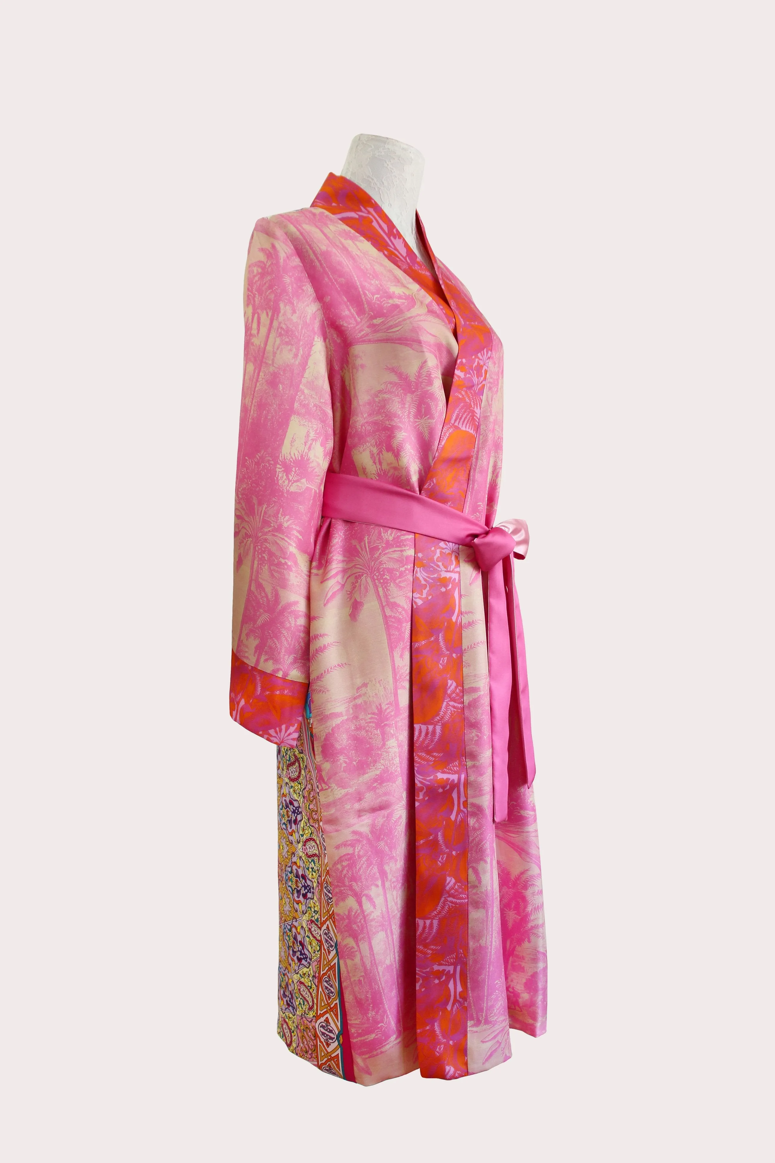 Pink Forest twill silk long kimono