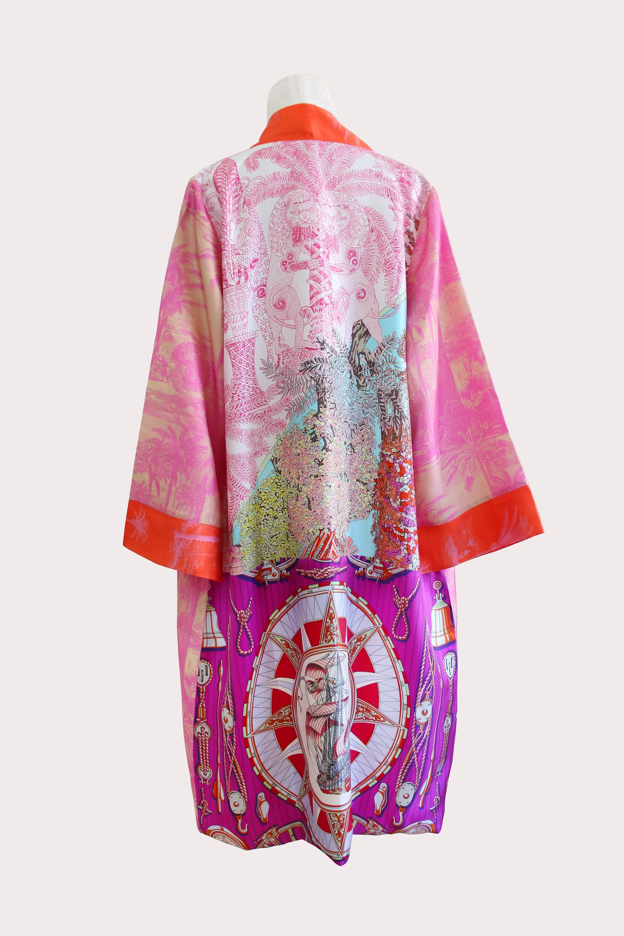 Pink Forest twill silk long kimono