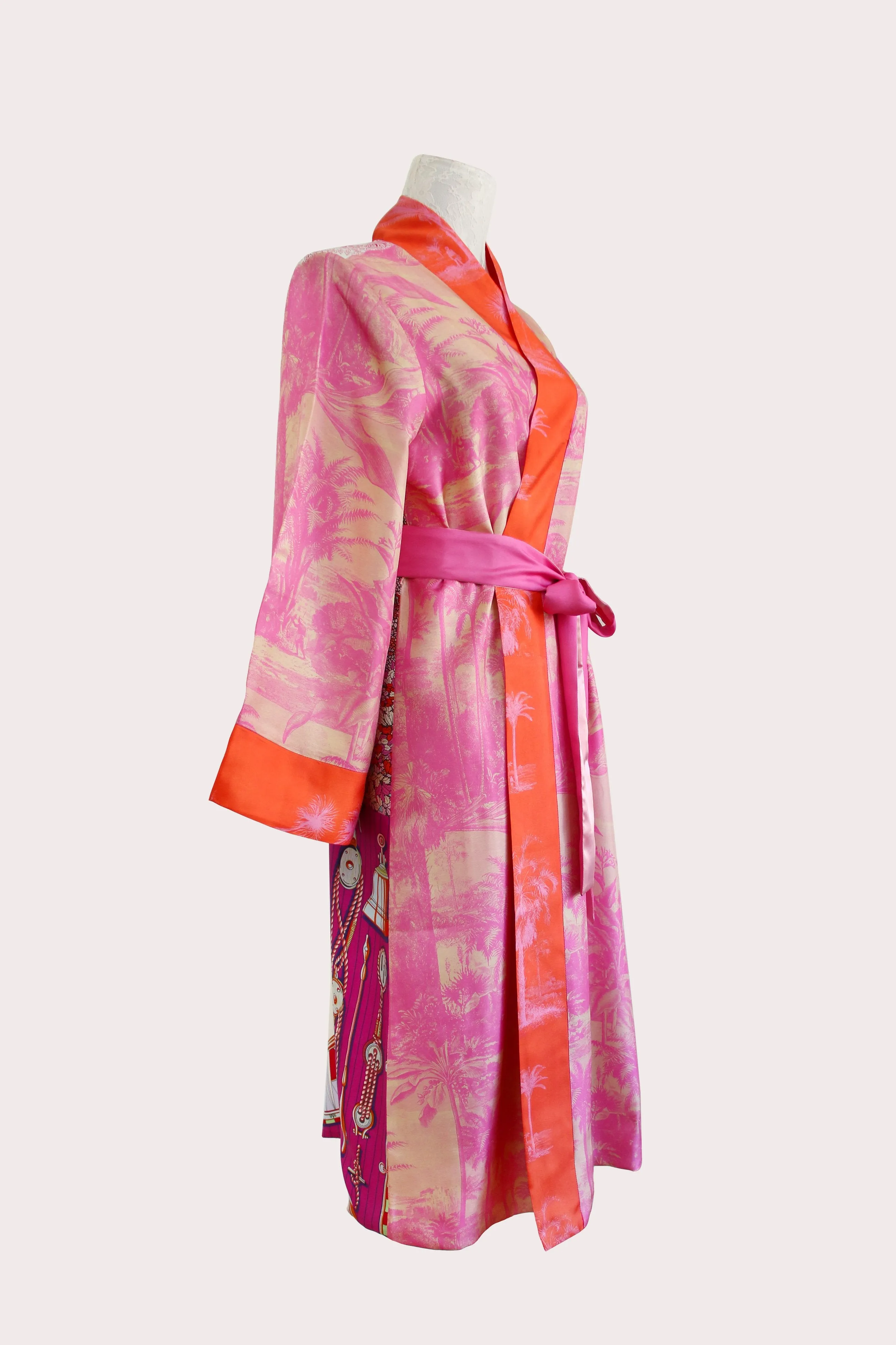 Pink Forest twill silk long kimono