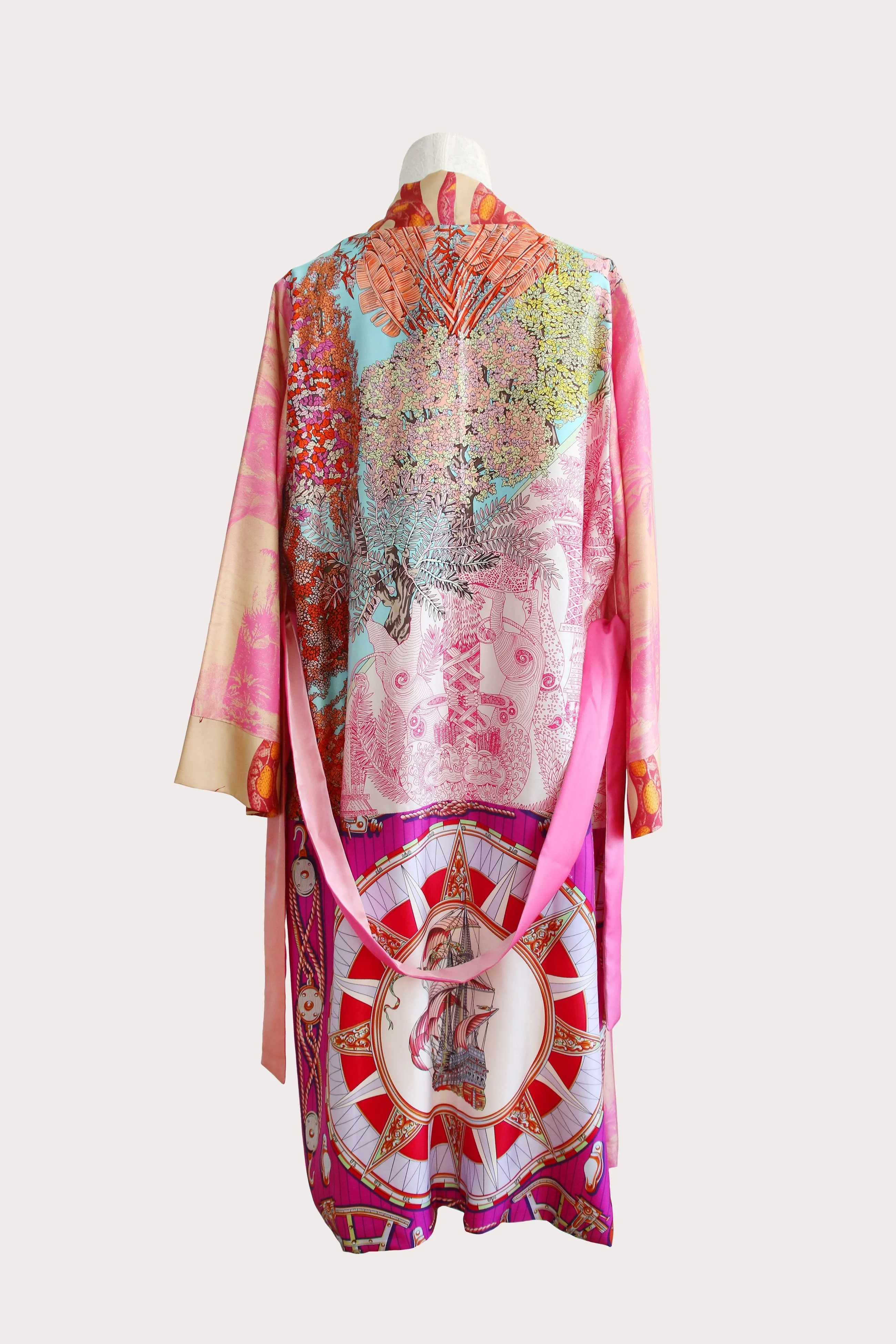 Pink Forest twill silk long kimono