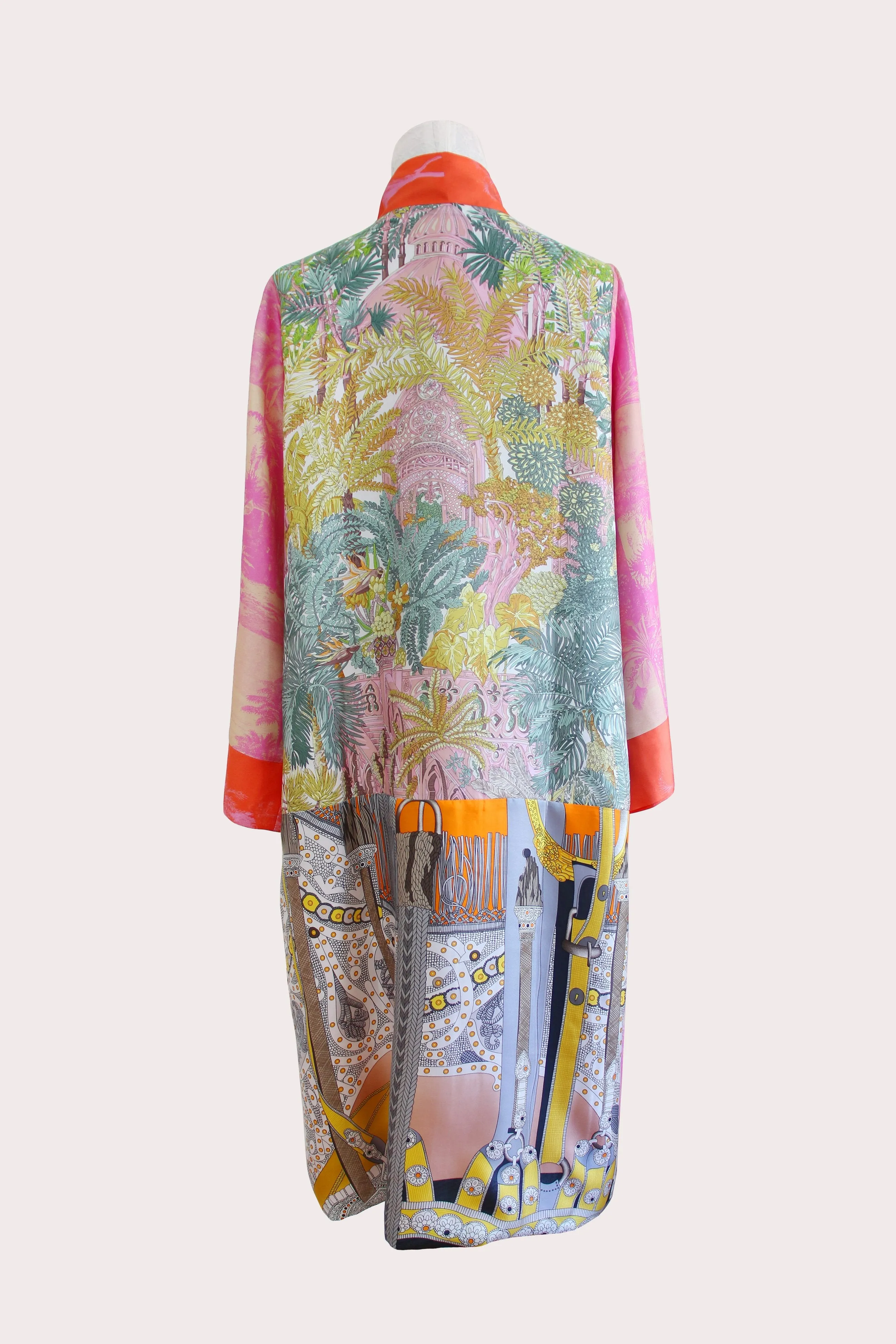 Pink Forest twill silk long kimono