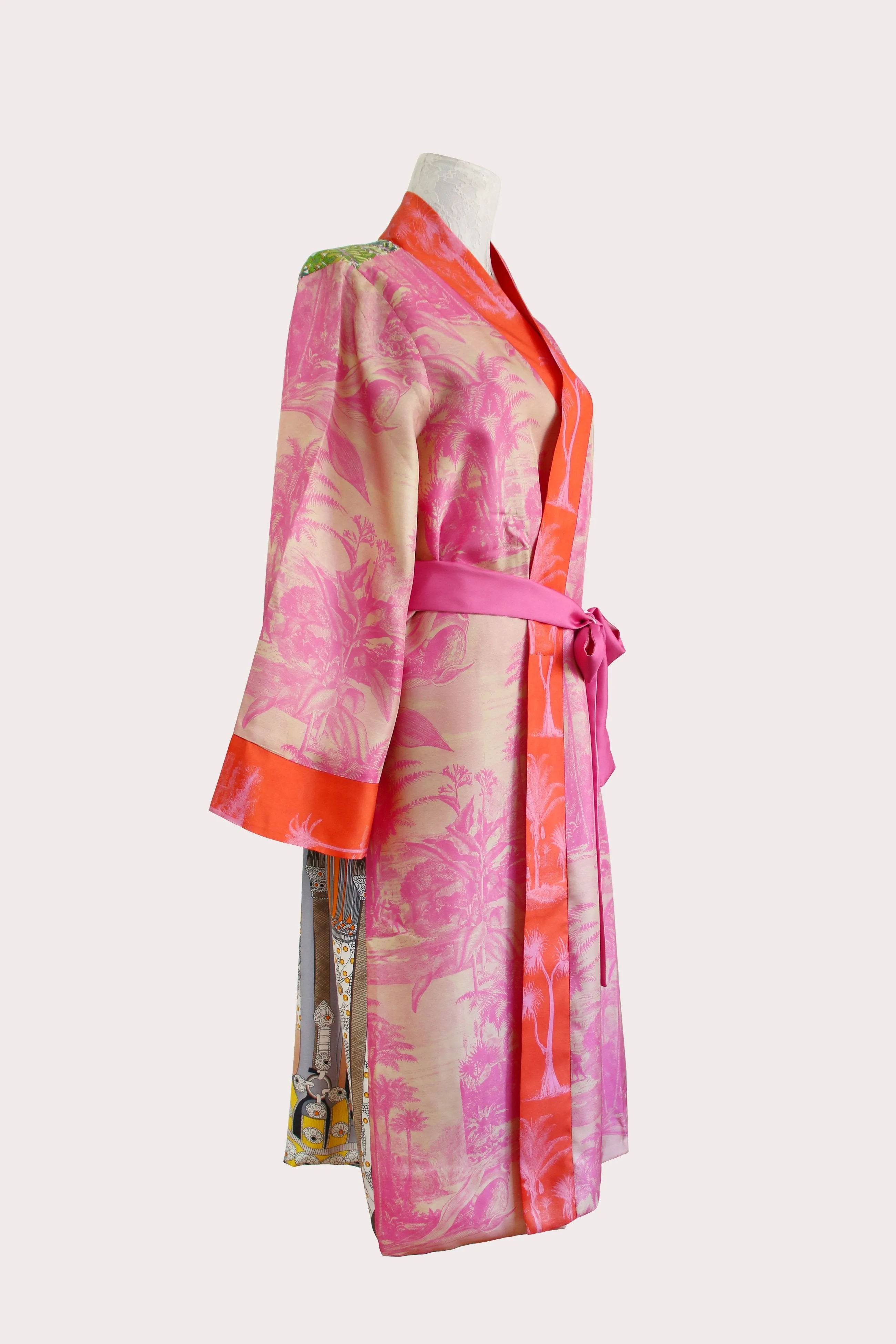 Pink Forest twill silk long kimono