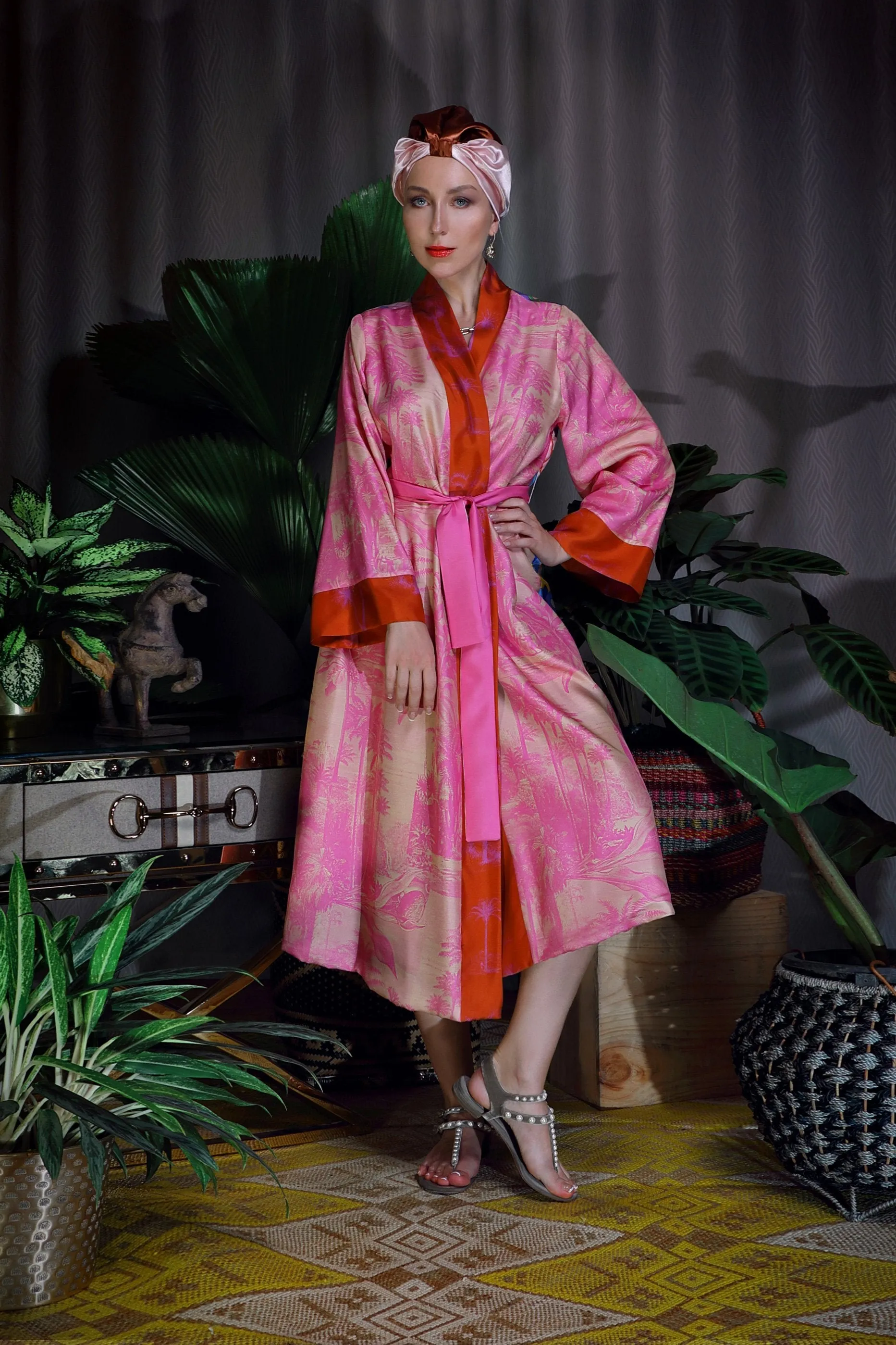 Pink Forest twill silk long kimono