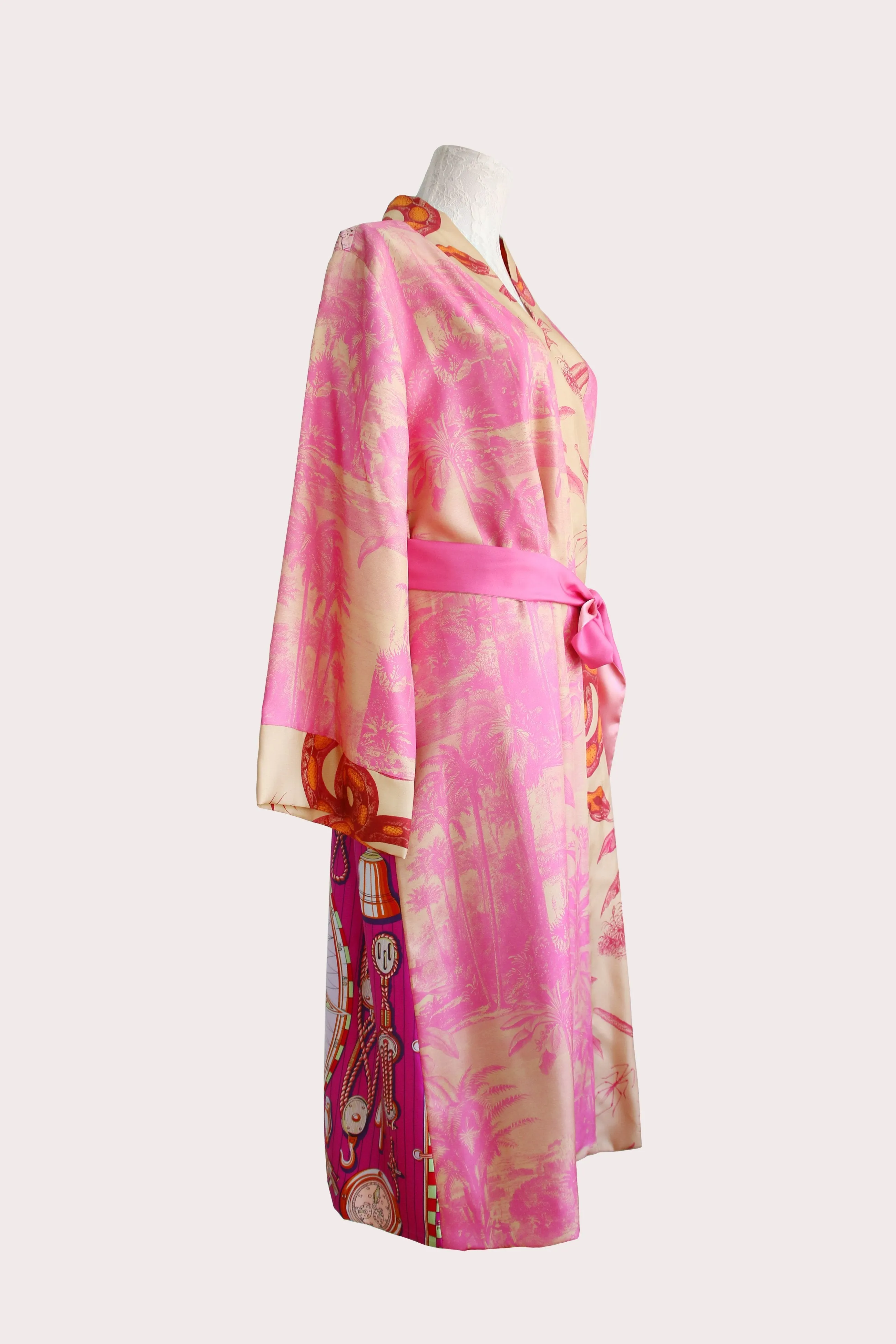 Pink Forest twill silk long kimono