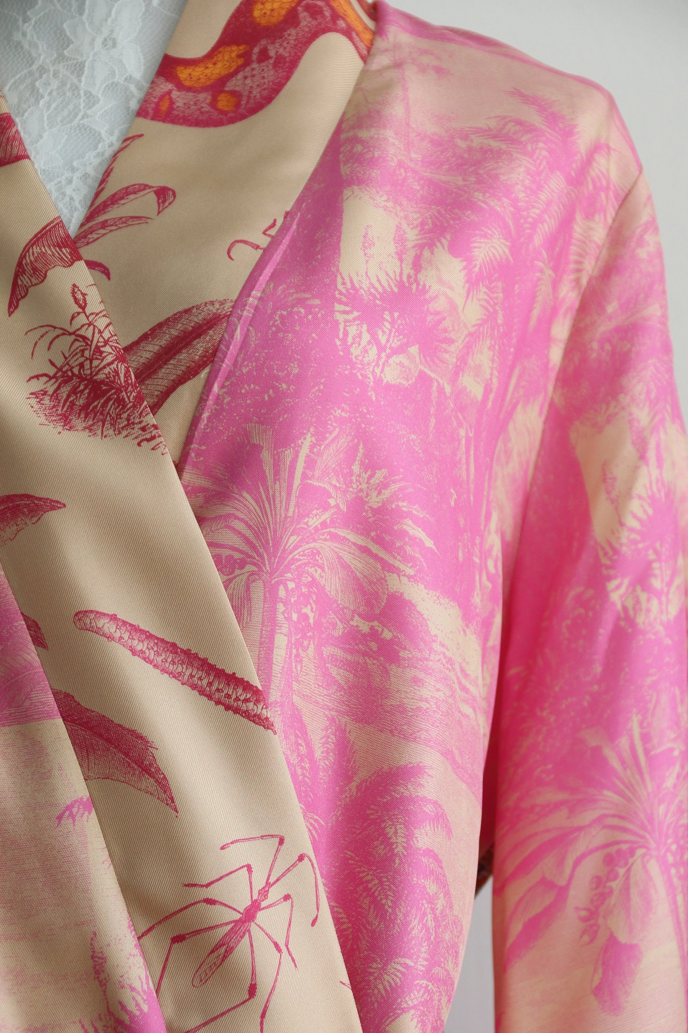 Pink Forest twill silk long kimono