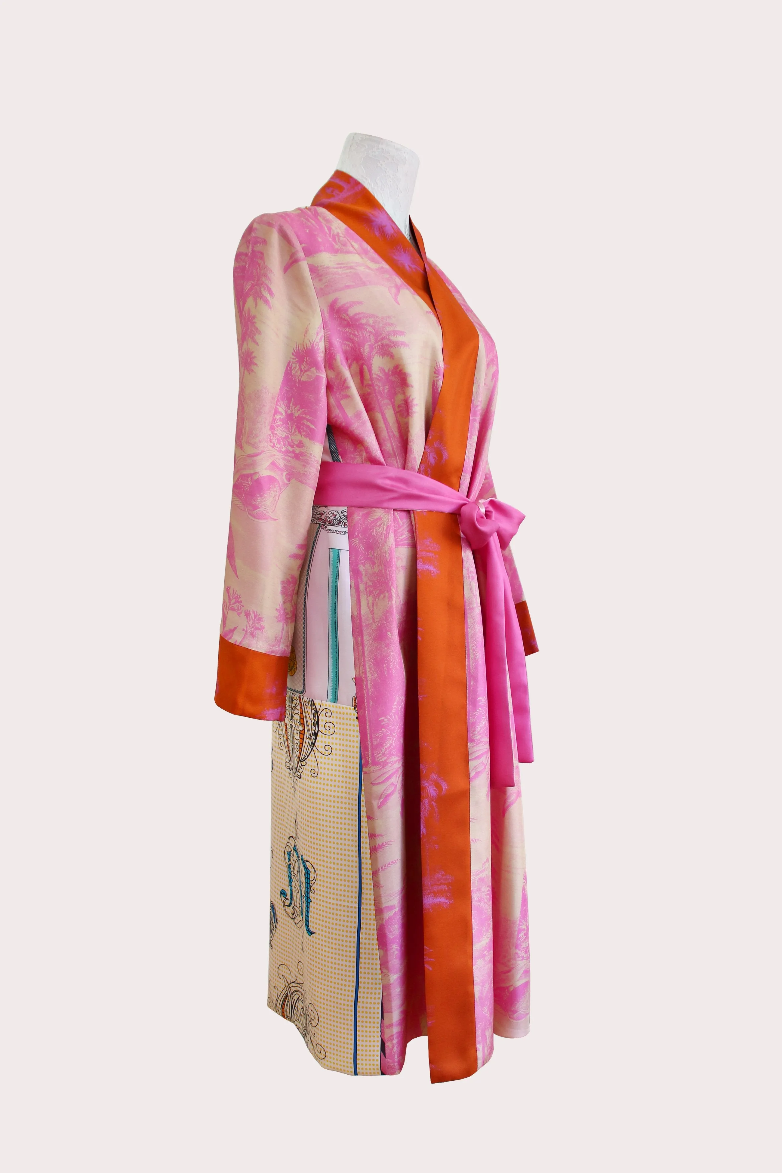 Pink Forest twill silk long kimono