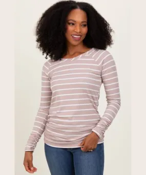 PinkBlush Beige Striped Ruched Side Long Sleeve Top