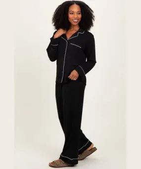 PinkBlush Black Button Down Top Wide Leg Pant Pajama Set