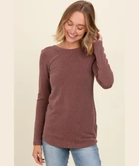 PinkBlush Brown Ribbed Scoop Neck Long Sleeve Top