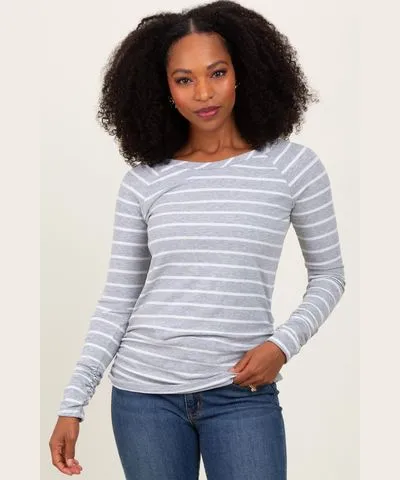 PinkBlush Grey Striped Ruched Side Long Sleeve Top