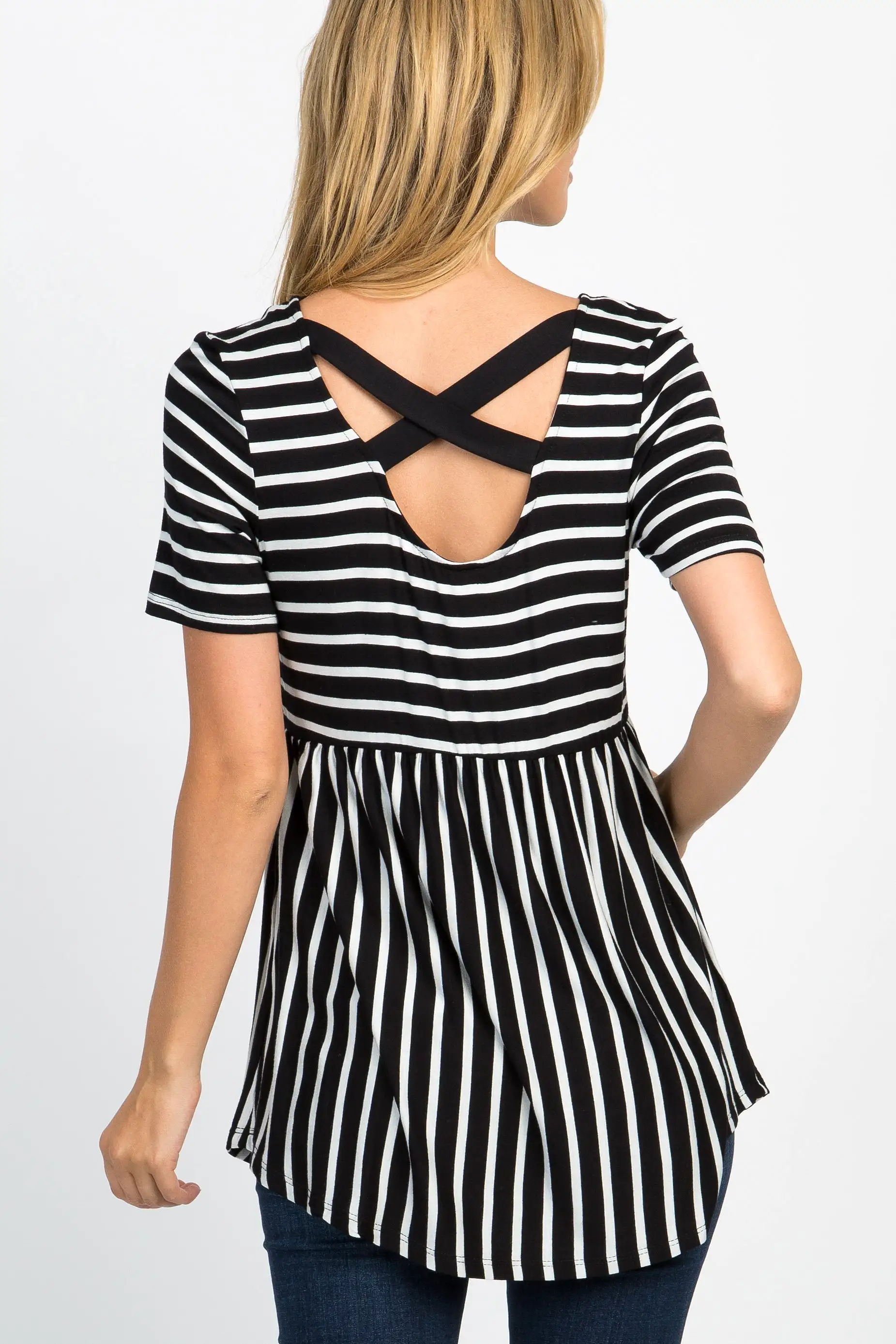 PinkBlush Ivory Striped Crisscross Back Top