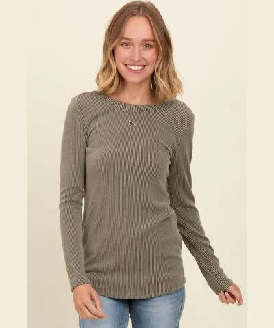 PinkBlush Olive Ribbed Scoop Neck Long Sleeve Top