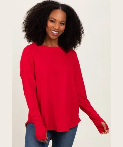 PinkBlush Red Exposed Seam Long Sleeve Top