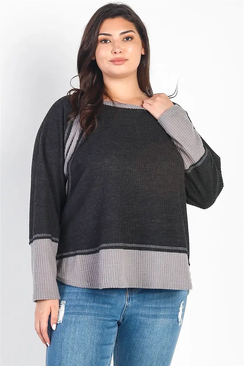 Plus Charcoal & Grey Colorblock Waffle Knit Long Sleeve Top