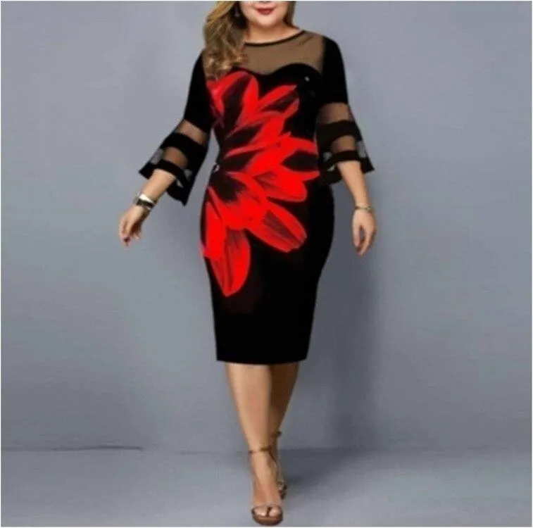 Plus Size Summer Women's Floral Print Mesh Bodycon Night Club Party Dress