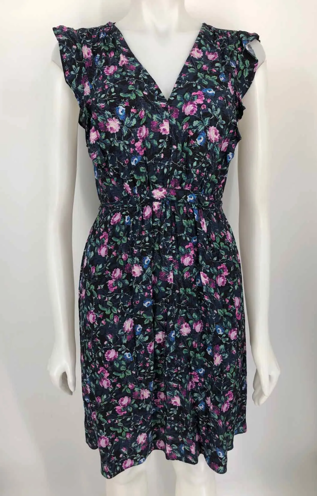 REBECCA TAYLOR Navy Green Multi Silk Floral Print Short Sleeves Dress