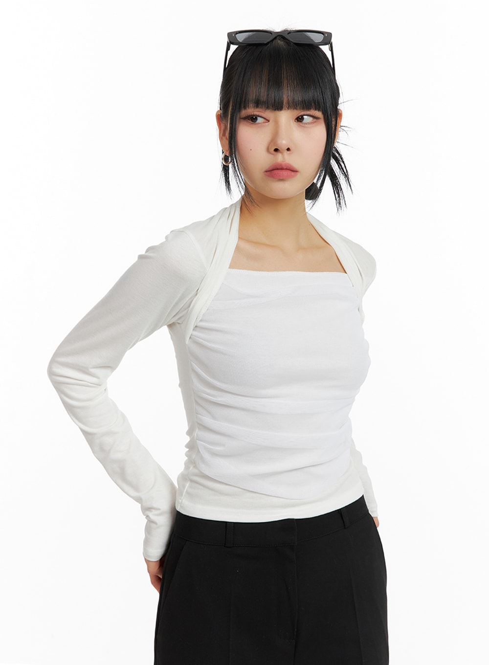 Square Neck Ruched Long Sleeve Top IM414