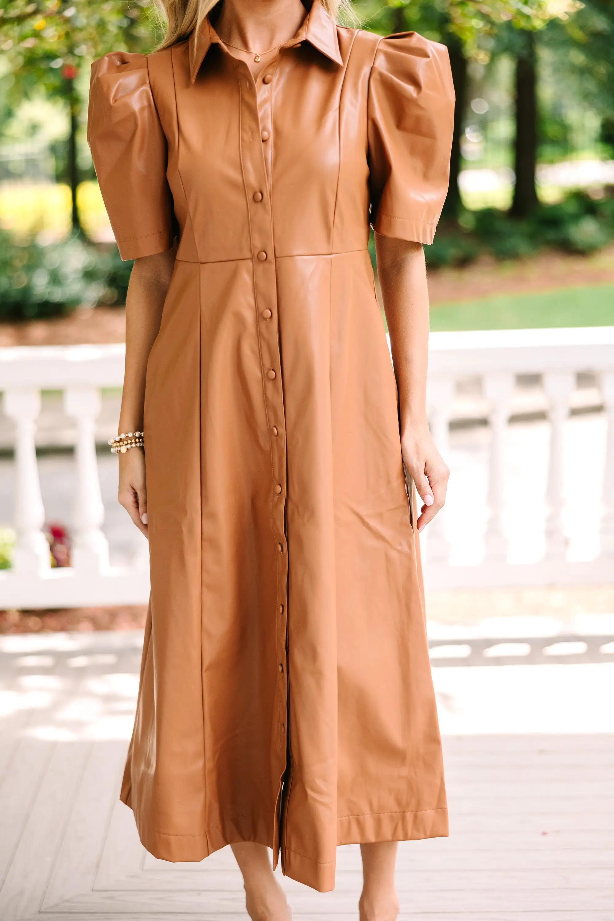 Take It As It Is Camel Brown Faux Leather Midi Dress