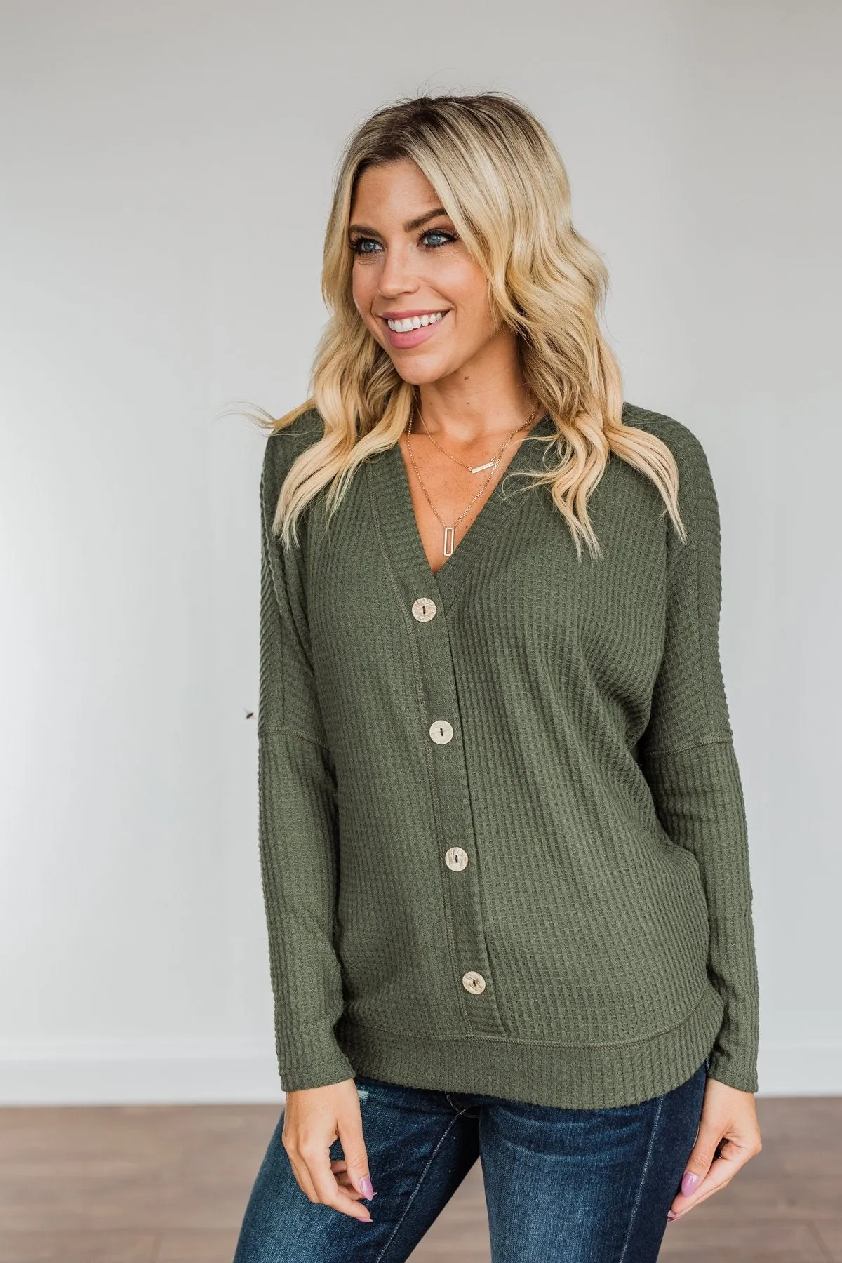 Turning A New Leaf Long Sleeve Waffle Knit Top- Army Green