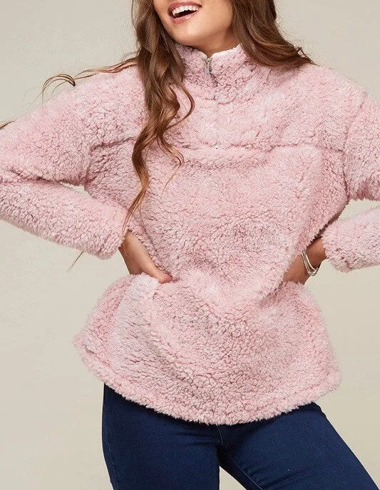 Two Tone Sherpa Half-Zip Pullover - Blush