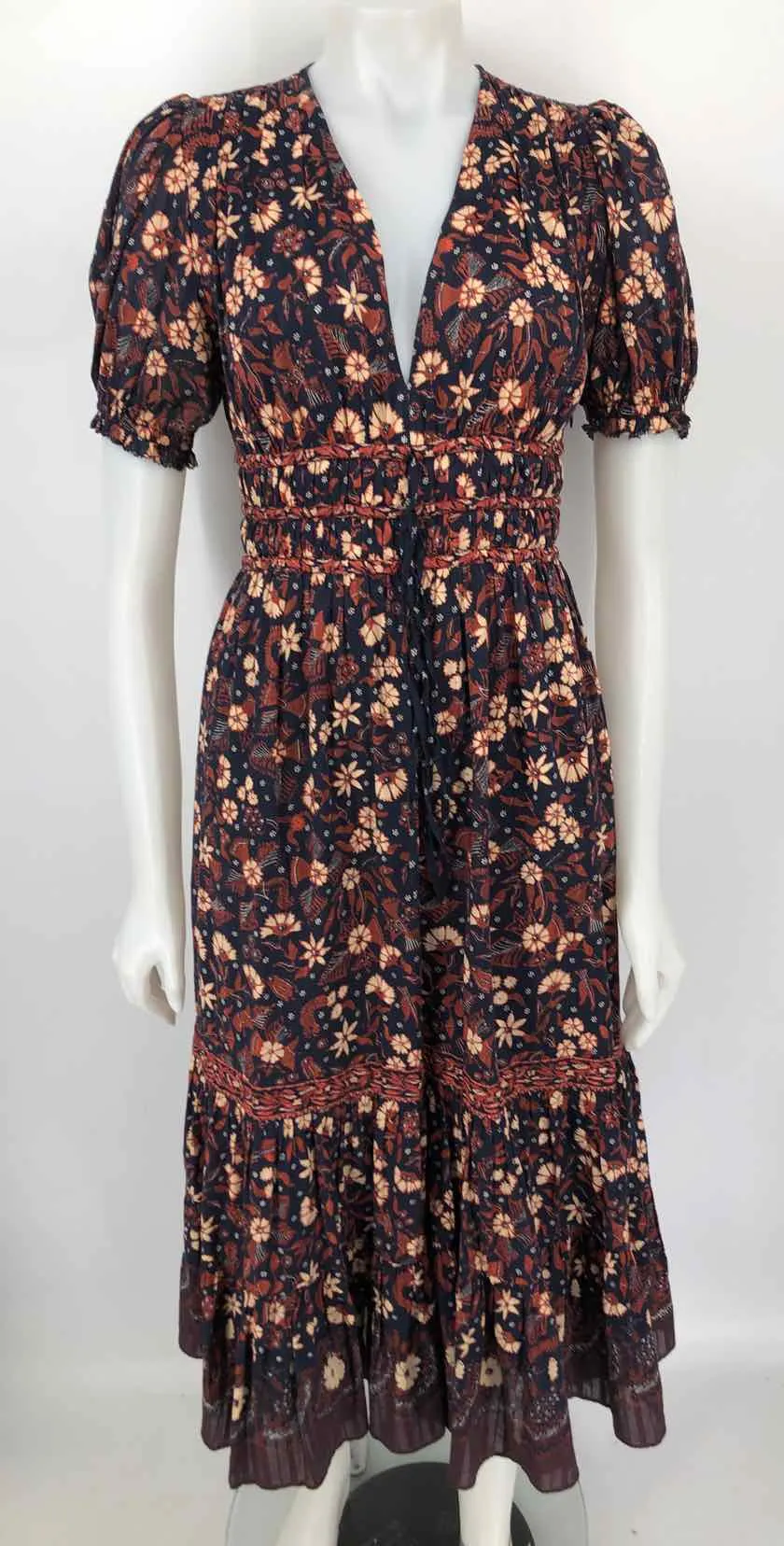 ULLA JOHNSON Navy Brown & Beige Floral Maxi Length Size 0  (XS) Dress