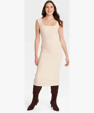 Universal Thread Women's Knit Midi Bodycon Dress - Universal Thread™ Heather Beige