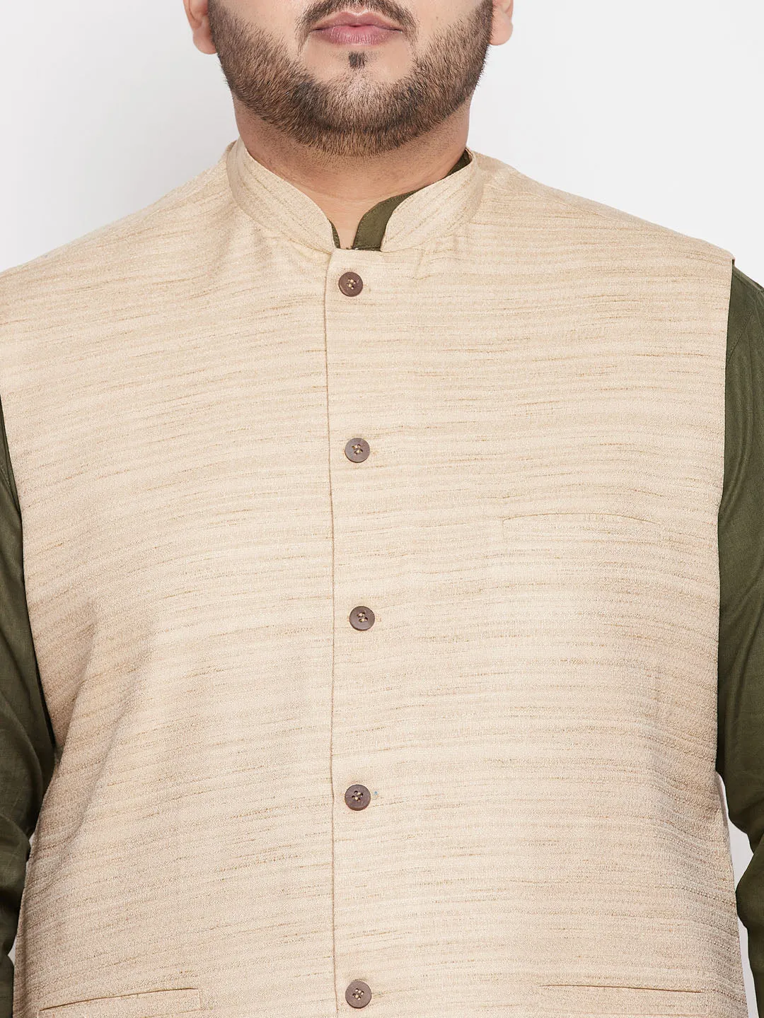 VASTRAMAY Men's Plus Size Beige Solid Jacket With Mint Green Solid Kurta And White Pyjama Set