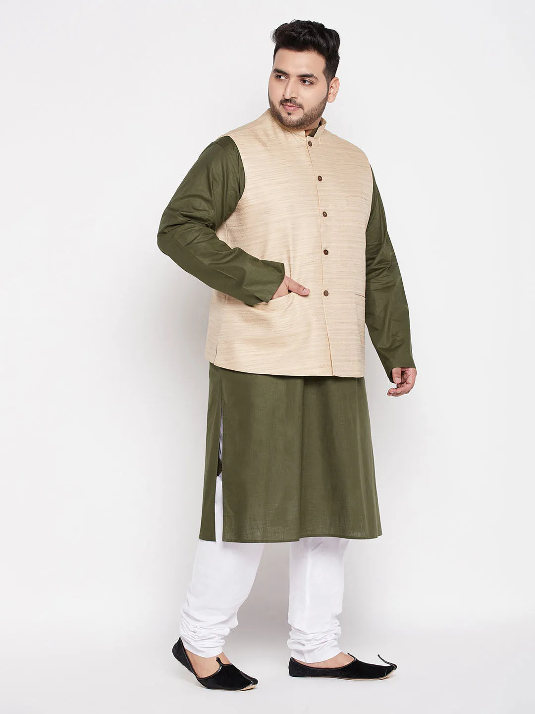 VASTRAMAY Men's Plus Size Beige Solid Jacket With Mint Green Solid Kurta And White Pyjama Set