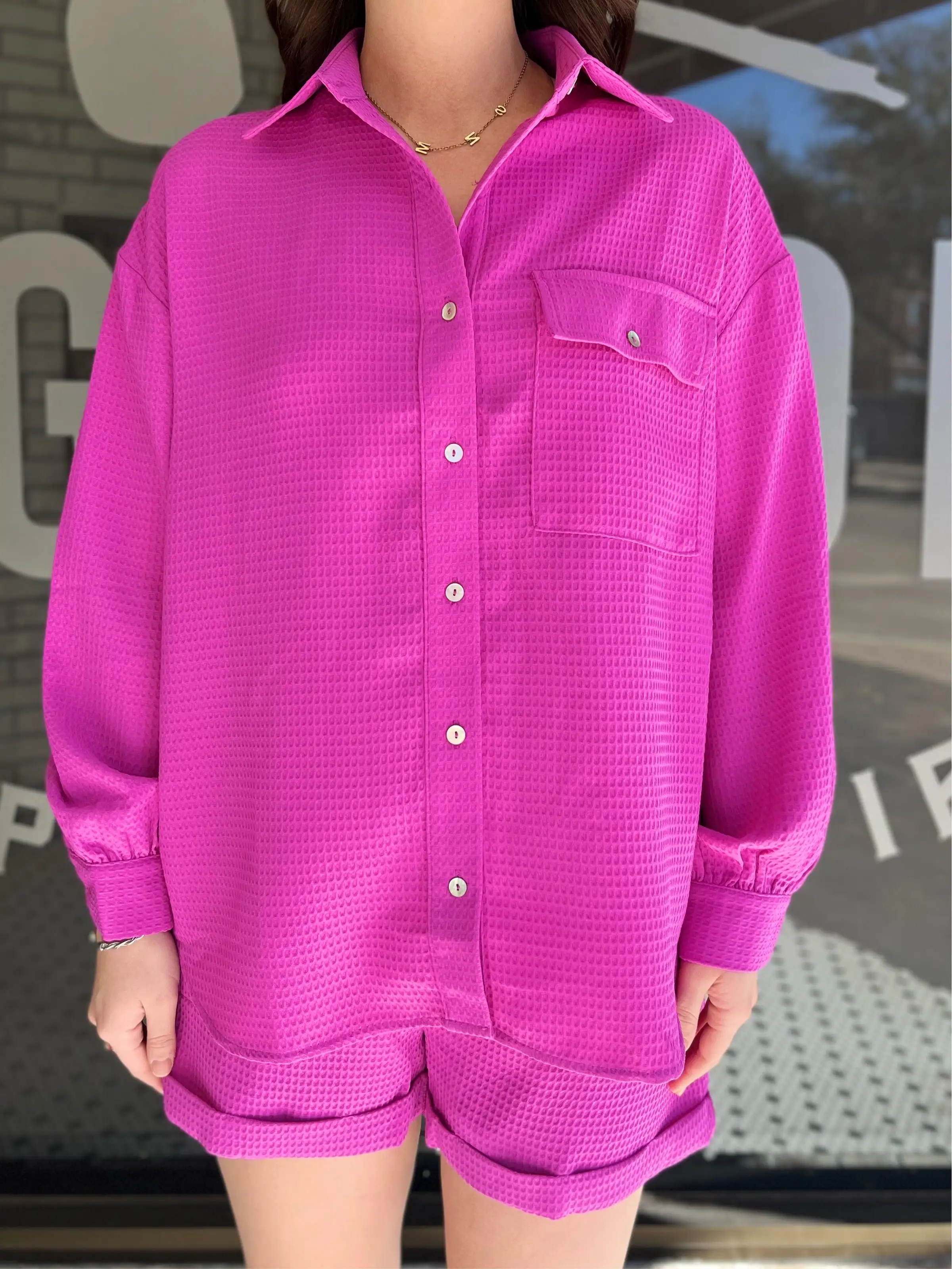 Waffle Knit Button Down - Orchid