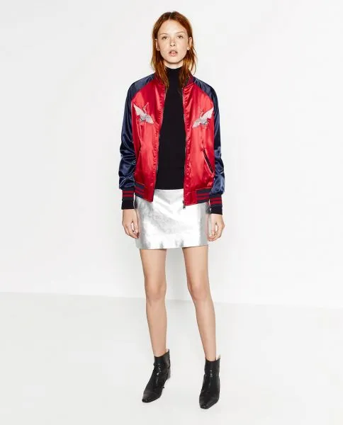 Women's satin reversible baseball jacket with embroidery on the back