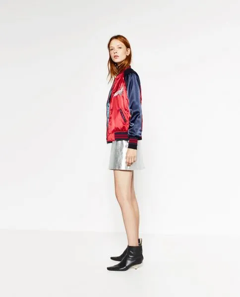 Women's satin reversible baseball jacket with embroidery on the back