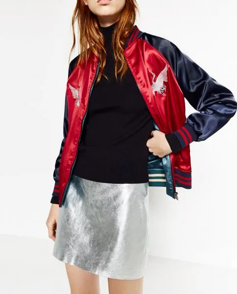 Women's satin reversible baseball jacket with embroidery on the back