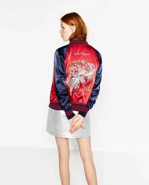 Women's satin reversible baseball jacket with embroidery on the back