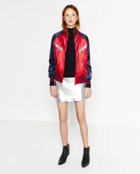 Women's satin reversible baseball jacket with embroidery on the back