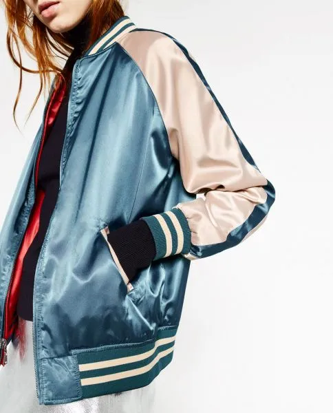 Women's satin reversible baseball jacket with embroidery on the back