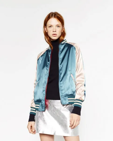 Women's satin reversible baseball jacket with embroidery on the back