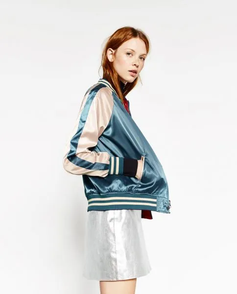 Women's satin reversible baseball jacket with embroidery on the back