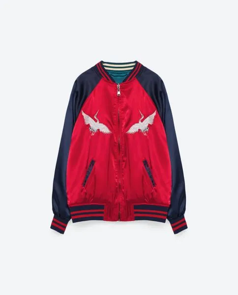 Women's satin reversible baseball jacket with embroidery on the back